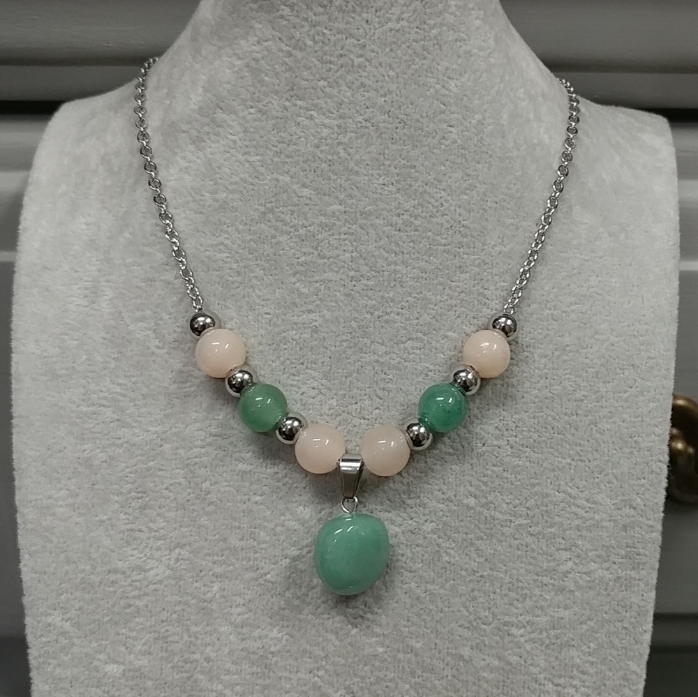 Aventurine Necklace Natural Gemstone Pendant Beads Stainless-Steel Green & Peach